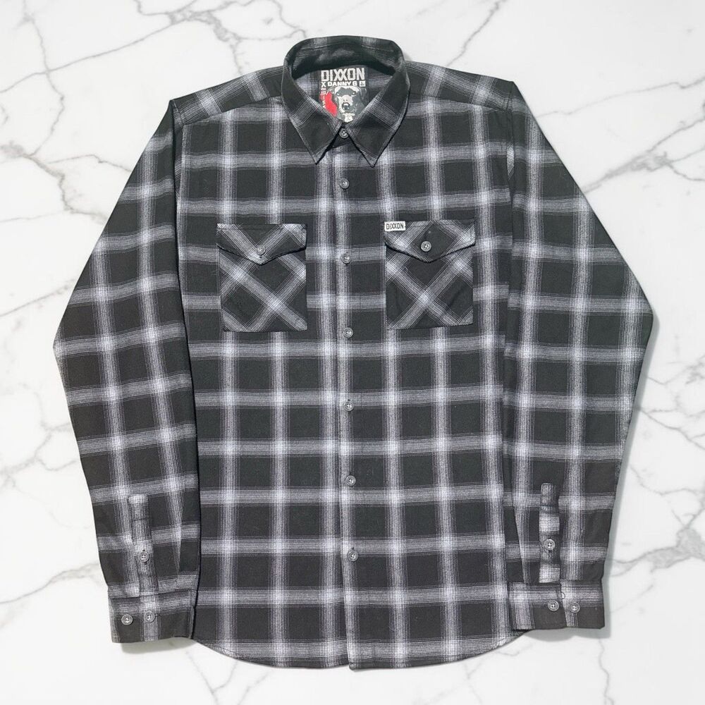 Dixxon x Danny G The Witness Flannel Shirt Mens LT Black Gray Plaid Button Up